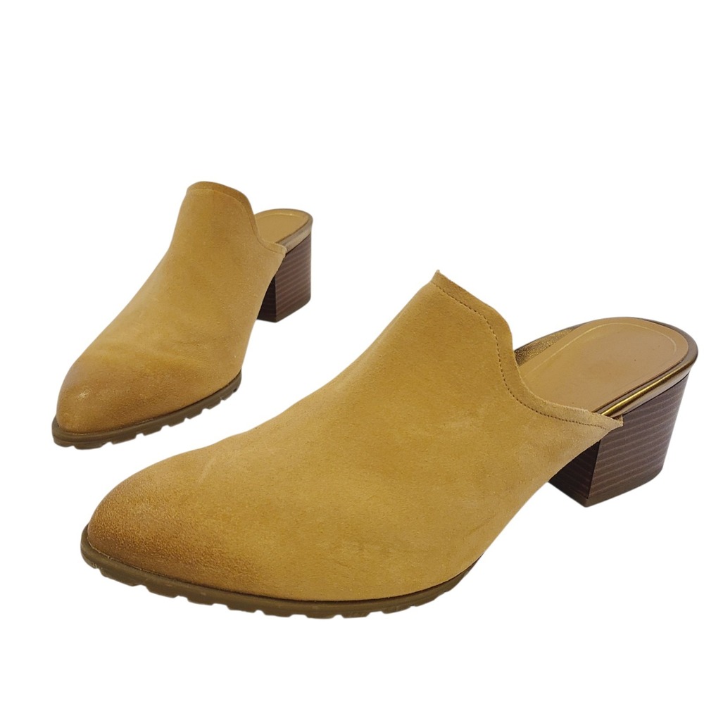 Vionic Women's Mules Beige Sz 9.5 Claremont‎ Suede Heels Slide On Block Heel